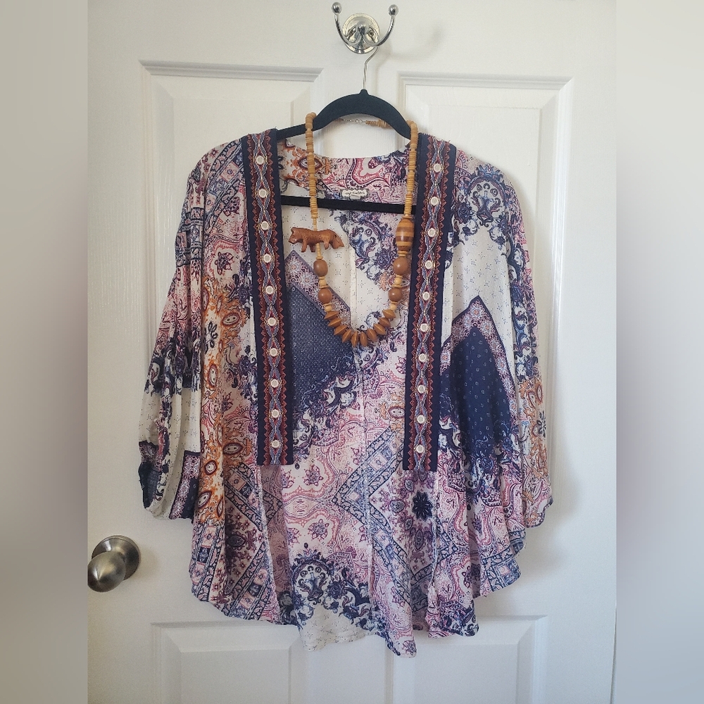 Boho Loose Fit Patchwork Pattern Top Womens M/L